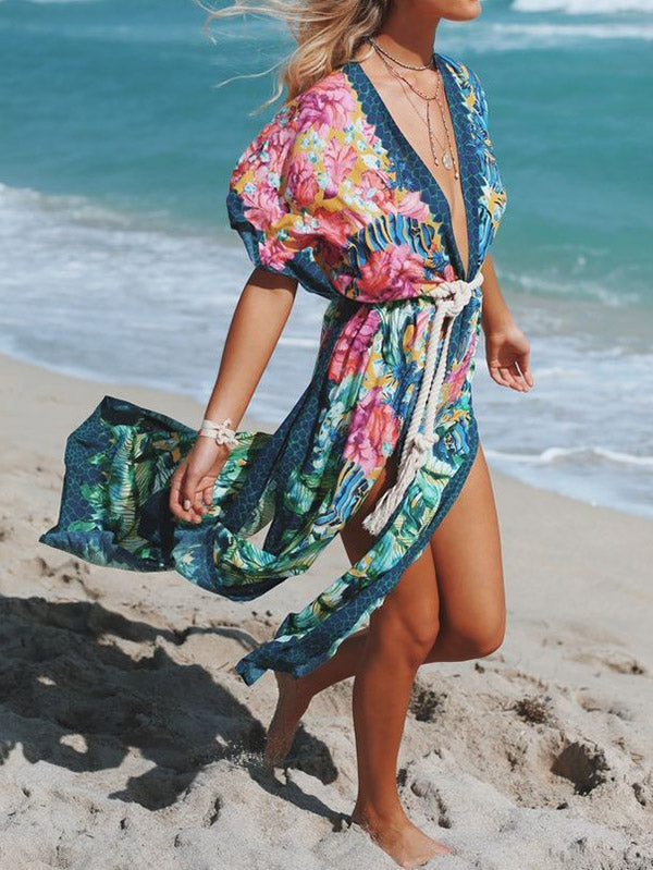 Floral-Print Belted Knotted Tunicshang Cover-Ups Tops