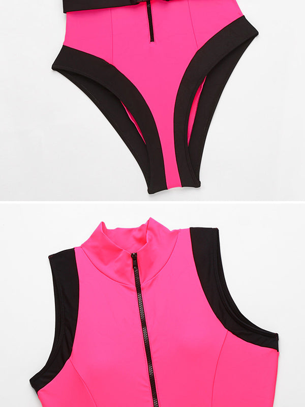 Contrast Color Split-Joint Belted Zipper One-Piece Swimwear