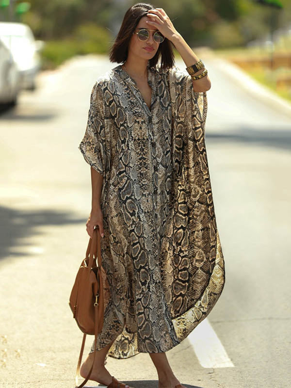 Animal Printed Loose Pocket Cardigan Vacation Beach Cover-Up Swimwear