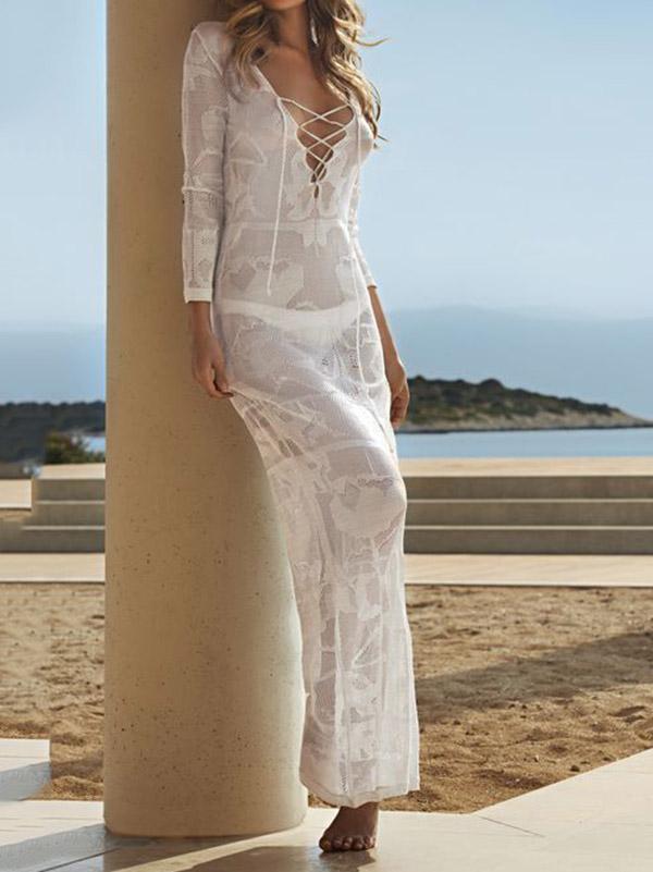 Sexy Knitted See-Through Long-Sleeved Cover-Ups Maxi Dress