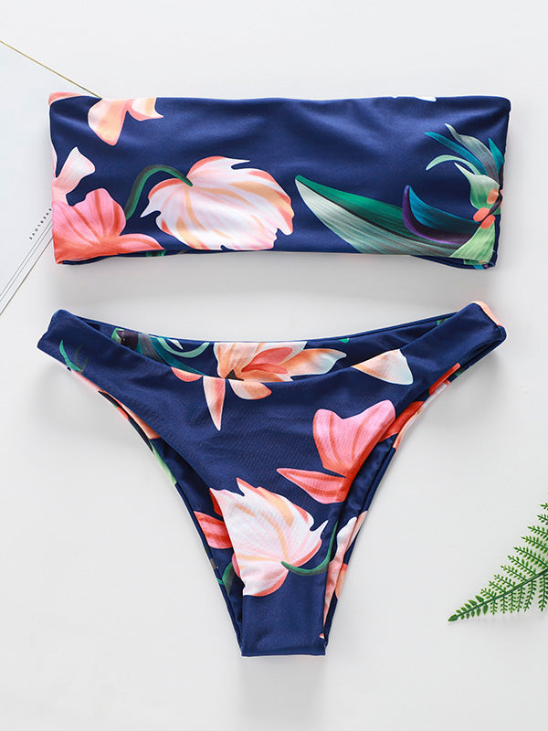 Floral-Print Bandeau Split Bikini Swimsuit