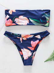 Floral-Print Bandeau Split Bikini Swimsuit