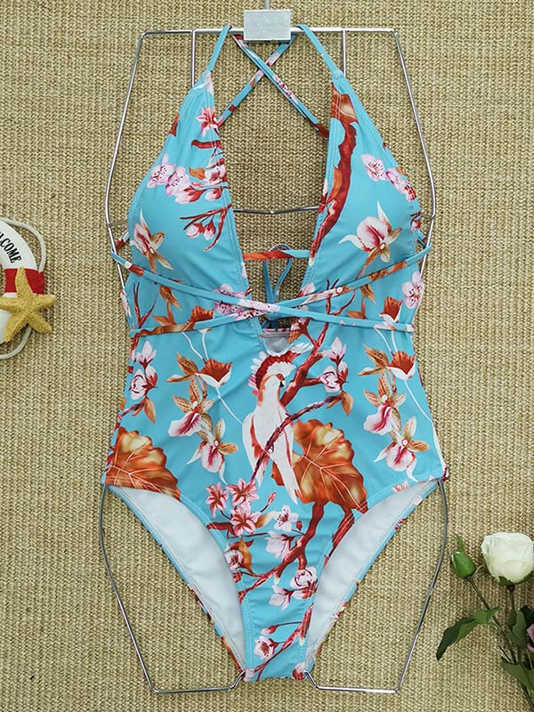 Spaghetti-Neck Floral Belted One-Piece Swimwear