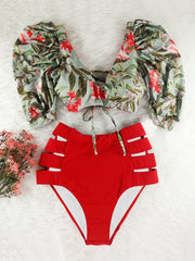 Long-Sleeves Floral Print Bikini Swimsuit