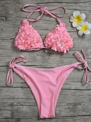 Flowers Embellished Triangles Bandage Split Bikini Swimsuit