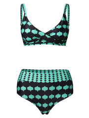 Vintage Print Polka-Dot Crossed Split Bikini Swimsuit