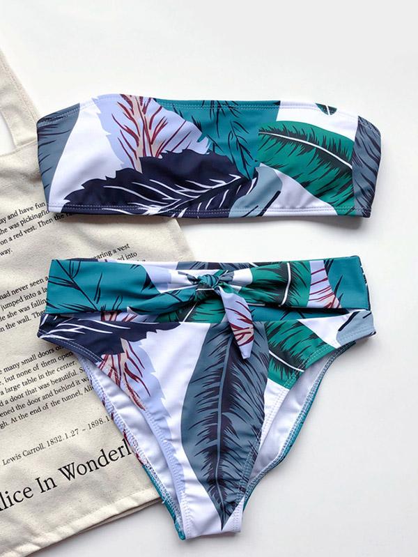 Leaf Printing Belted Knotted Bandeau Split Bikini Swimsuit