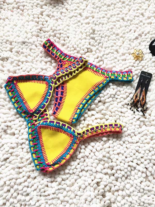 Triangle Patchwork Crochet Neoprene Bikini Swimsuit