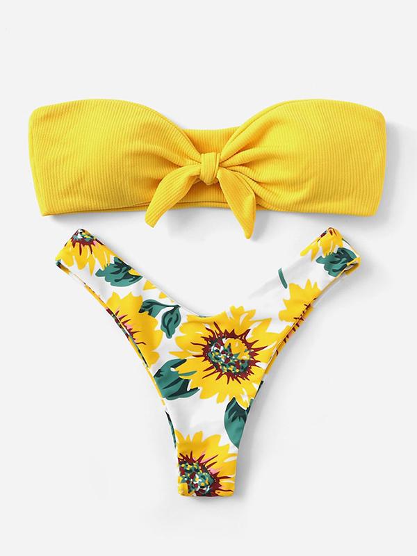 Color-Block Floral-Print Knotted Bandeau Split Bikini Swimsuit