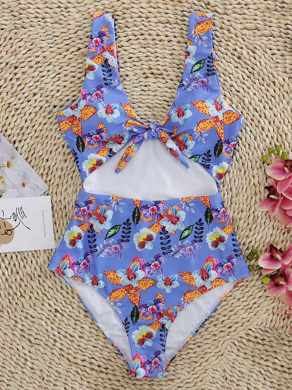 Sleeveless Floral Bow-Knot Hollow One-Piece Swimwear