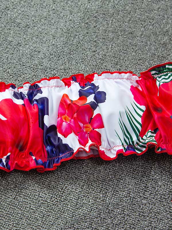 Bikini-Badeanzug mit Blumenmuster, Puffärmeln, schulterfrei, Schlitz 