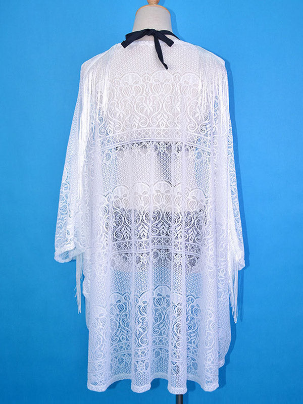 Cardigan Lace See-Through Long Sleeve Tasseled Cover-Up Swimwear