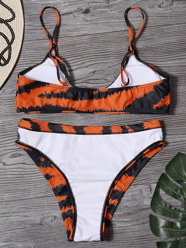 Tiger Pattern Spaghetti-Neck Split Bikini Swimsuit