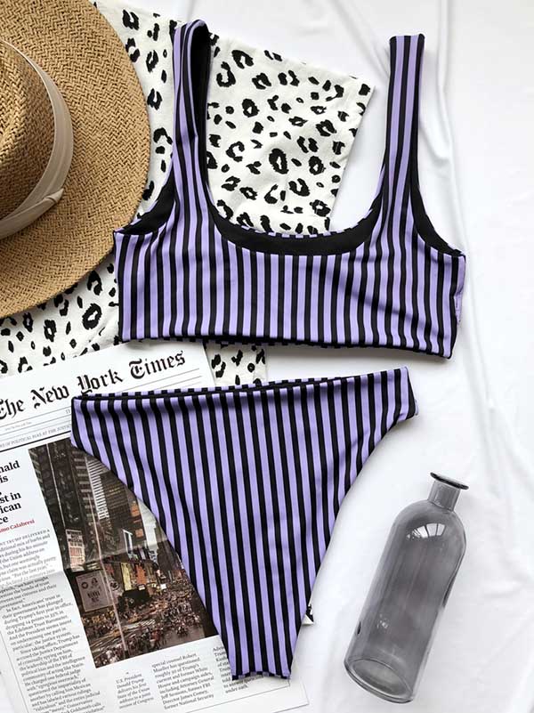 Striped Printed Square-Neck Split Bikini Swimsuit