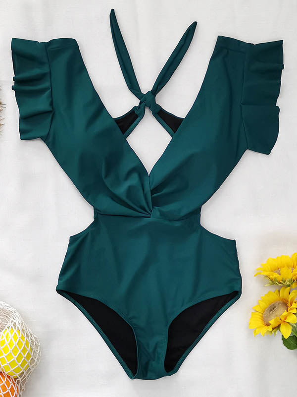 Solid Color Ruffled V-Neck One-Piece Swimsuit