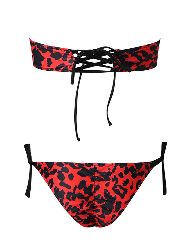 Leopard Prin Sexy Bandeau Split Bikini Swimsuit