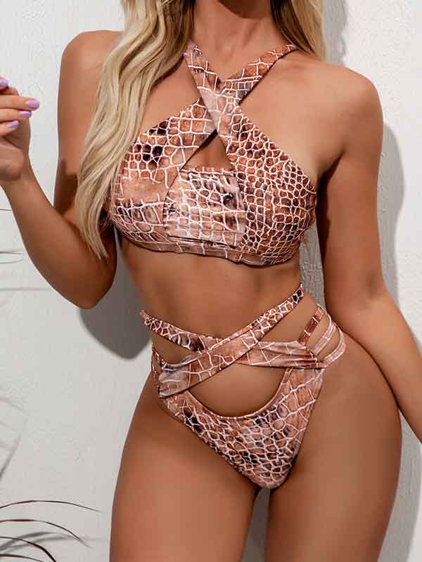 Sexy Snake-Print Crossed Hollow Split Bikini Swimsuit