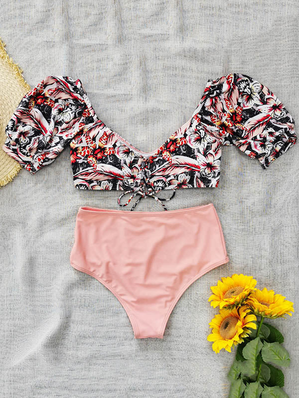 Long-Sleeves Floral Print Bikini Swimsuit