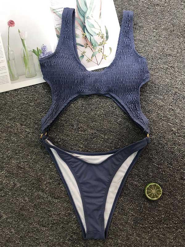 Solid Color Embellished Split-Joint Hollow One-Piece Swimwear