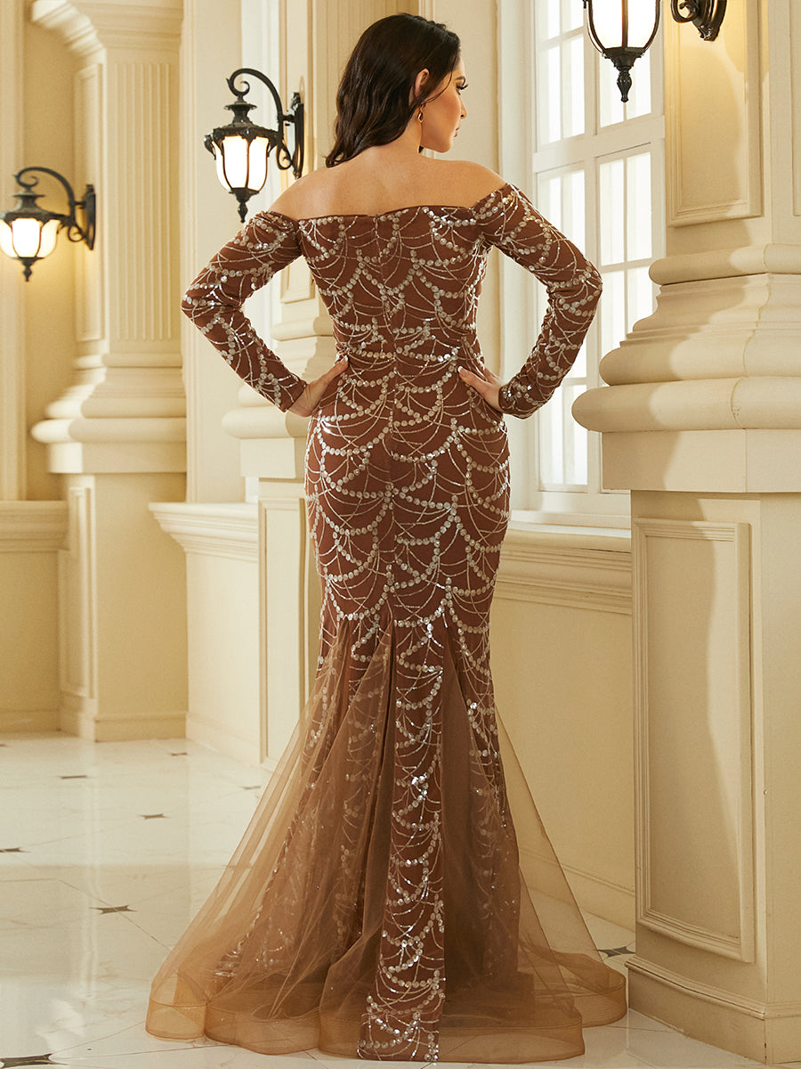 Off Shoulder Long Sleeve Mermaid Hem Sequin Wedding Dress XJ1718