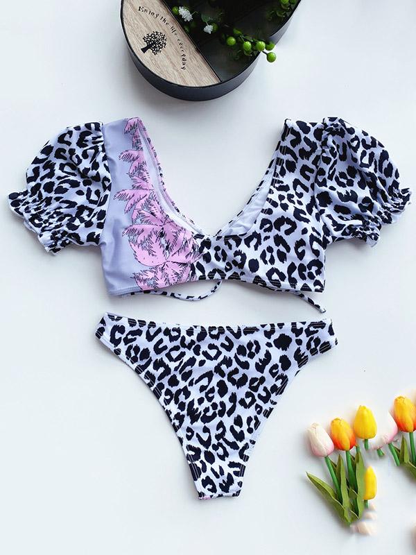 Asymmetric Leopard Print  Puff Sleeves Embellished Split Tankini Swimsuit