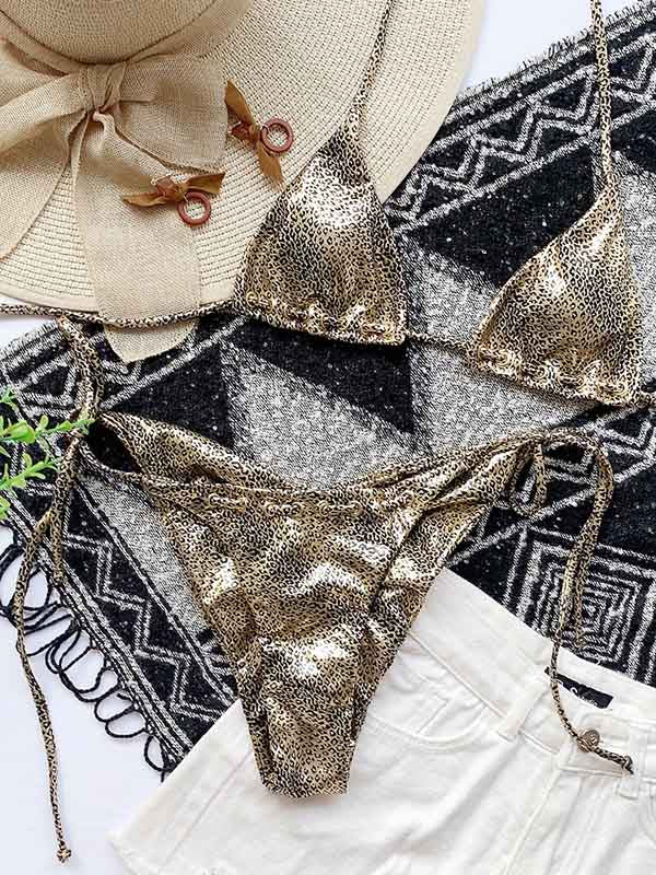 Sexy Triangles Hollow Bandage Split Bikini Swimsuit