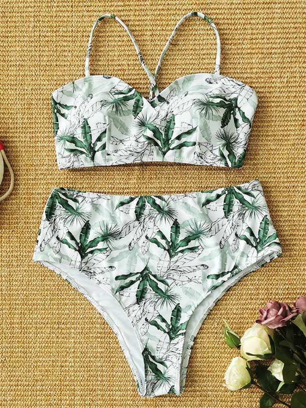 Falbala Leaf Printed Bikinis Swimsuit