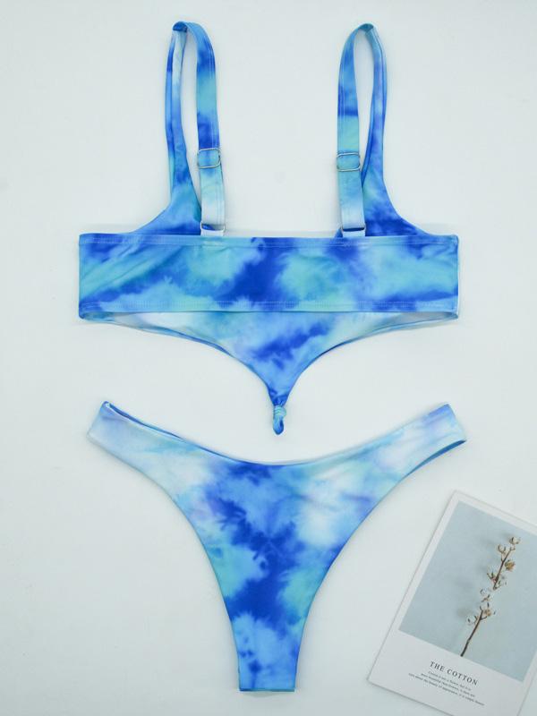 Tie-Dyed Gradient V-Neck Split Bikini Swimsuit