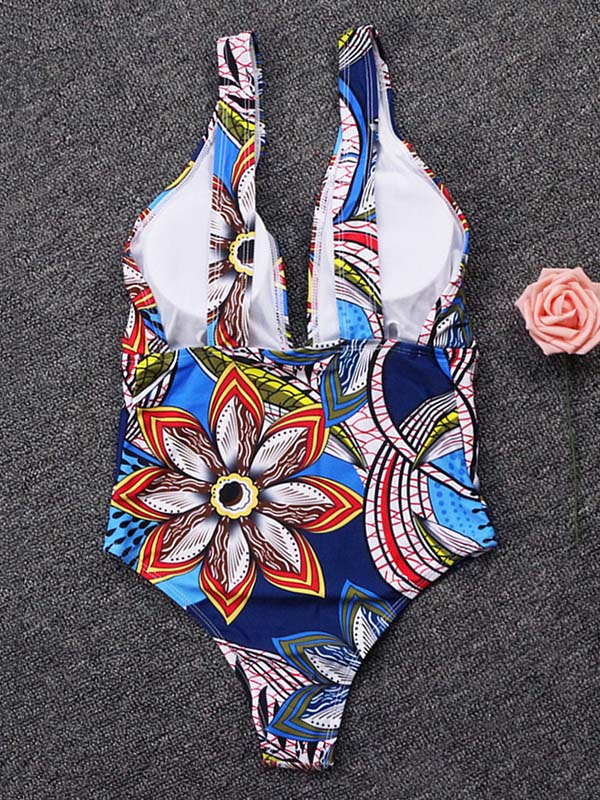 Floral Print Sleeveless Deep V-Neck One-Piece Swimwear