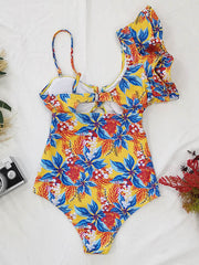 Floral One-Shoulder Falbala Hollow Tight One-Piece Swimwear