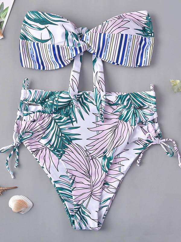 Floral-Print Knotted Bandeau Split Bikini Swimsuit