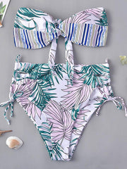 Floral-Print Knotted Bandeau Split Bikini Swimsuit