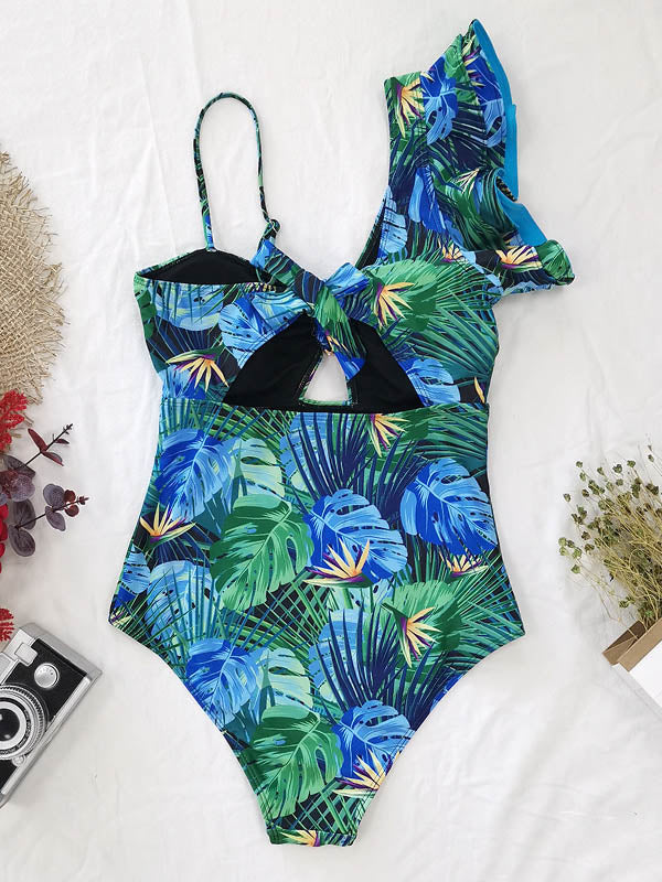 Floral One-Shoulder Falbala Hollow Tight One-Piece Swimwear