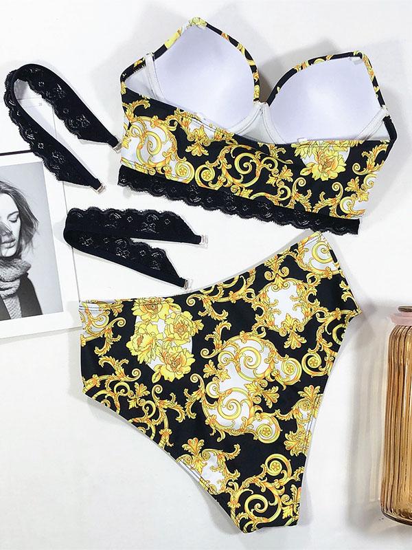 Bandeau-Bikini-Badeanzug mit Schlitz und Bügel mit Blumenmuster 