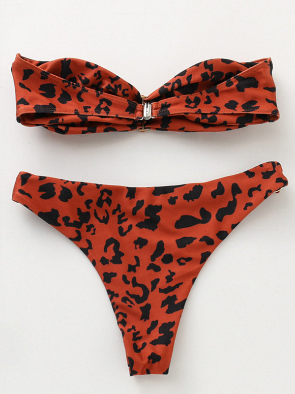 Leopard Print Embellished Bandeau Split Bikini Swimsuit