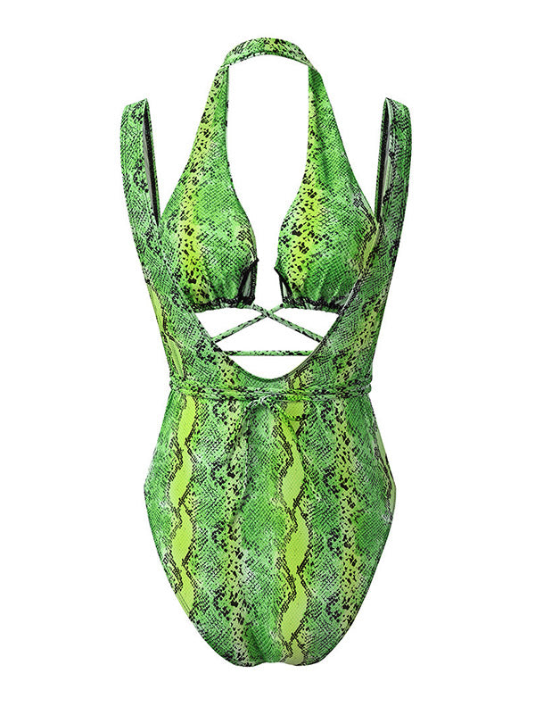 Sexy Snake-Print Bandage Split Bikini Swimsuit