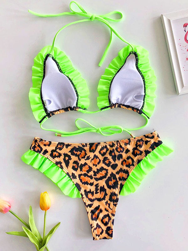 Leopard Falbala Triangles Hipster Halterneck Bikini Swimwear