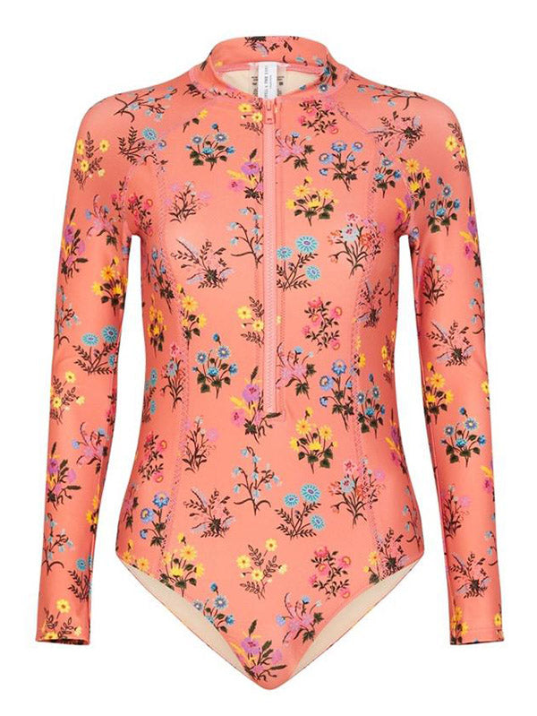 Floral Printed Long Sleeves One Piece Wetsuit