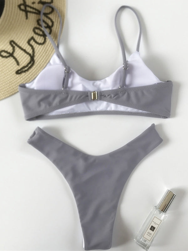 Solid Round-Neck Plunge Top With Hipster Bikini Set