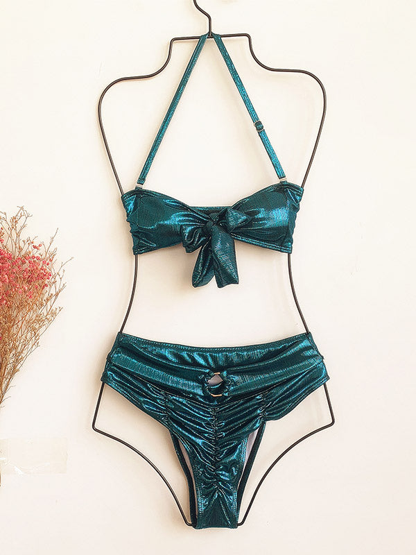 Shining Knotted Bandeau Belted Split Bikini Swimsuit