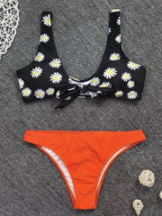 Floral-Print Knotted Color-Block Split Bikini Swimsuit