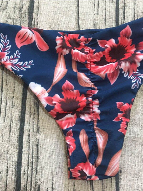 Floral Print Falbala Split Bikini Swimsuit