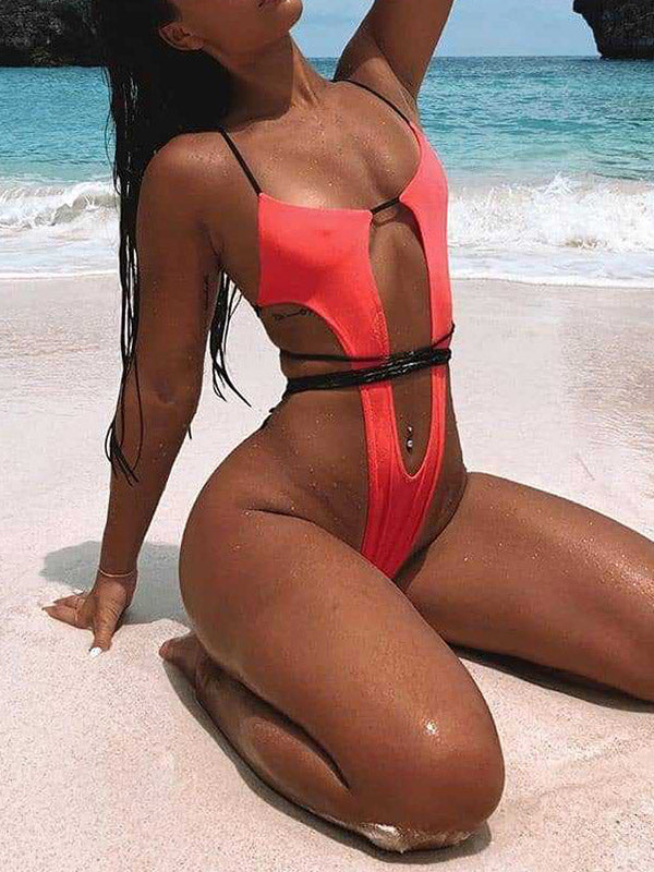 Halterneck Solid Color Hollow Bandage Monokini Swimwear