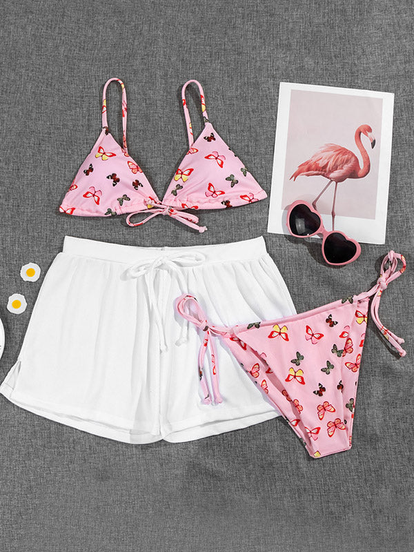 Floral Sexy Triangles Split Bikini Swimsuit+Shorts Three-Piece Set