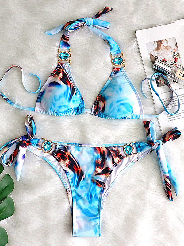 Beaded Decorated Floral Triangles Tie Side Bikini Swimwear