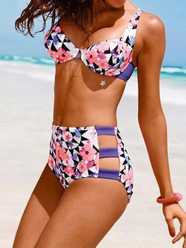 Floral-Print Bandage Split-Joint Underwired Split Bikini Swimsuit