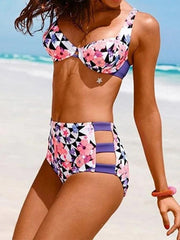 Floral-Print Bandage Split-Joint Underwired Split Bikini Swimsuit