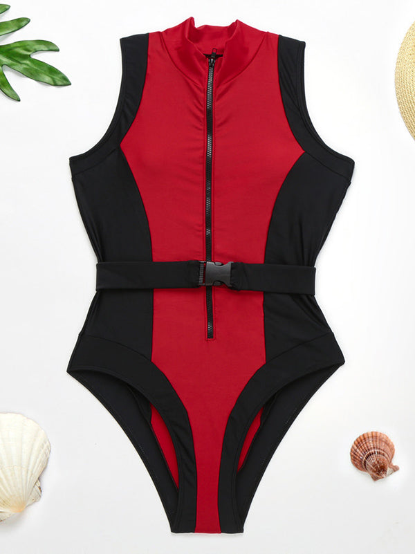 Contrast Color Split-Joint Belted Zipper One-Piece Swimwear