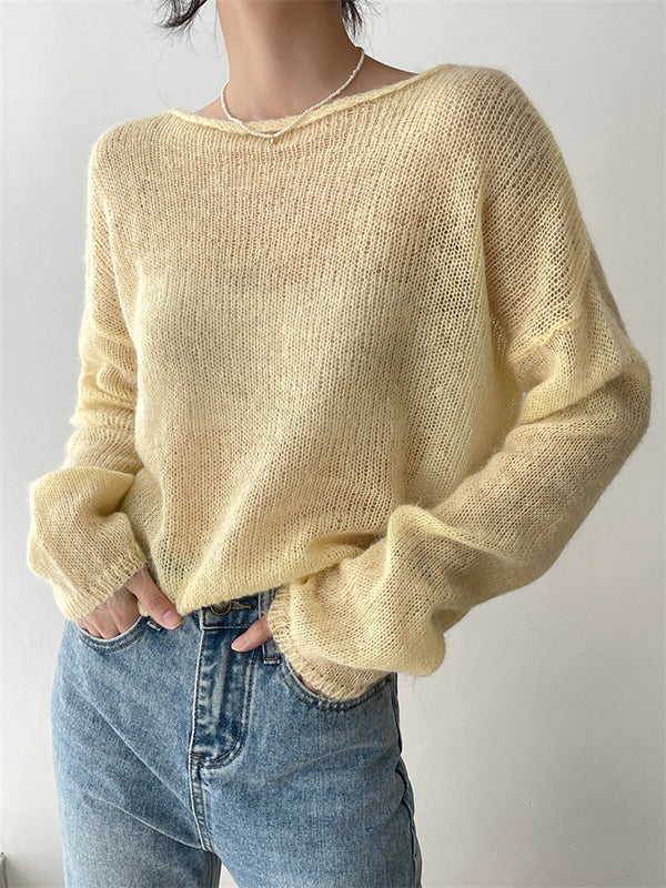 Gentle Mohair Knitted Loose Long Sleeves Solid Color Thin Sweater Tops