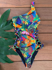 One-Shoulder Floral-Print Bandage One-Piece Swimwear